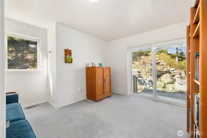 Side patio access of the office with stunning water feature.