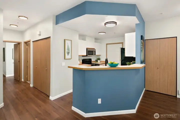 Kitchen with stainless steel appliances.