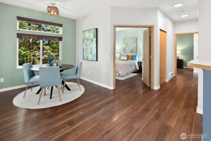 Seamless flow between the living, dining, and kitchen areas.