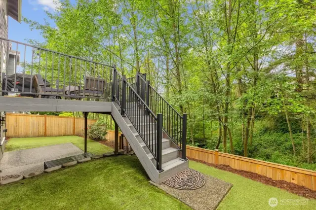 Stairs from main to ,lower level.  Turf installed for easy maintenance