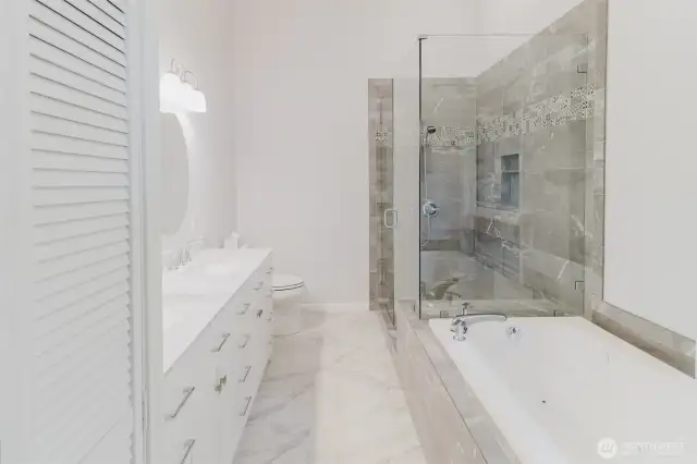 Large soaking tub is great after a long day.  Beautiful walk in shower is waiting for you.