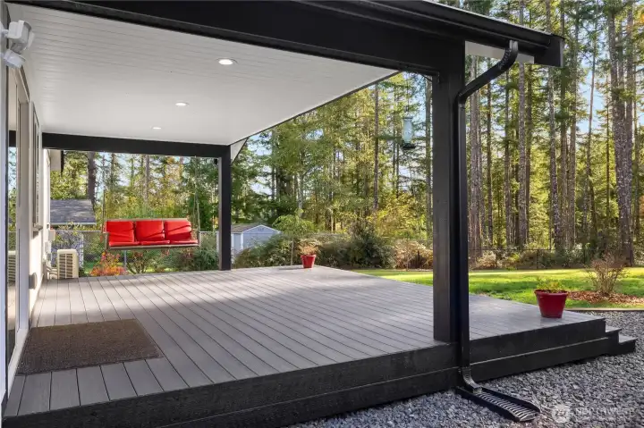 Covered deck with lighting.