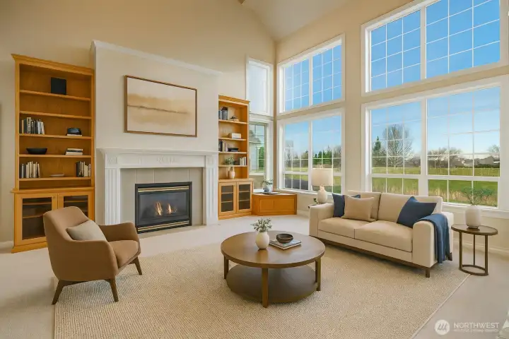 Virtually Staged Living Room with massive views onto the golf course.