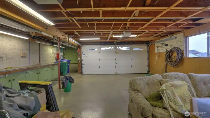 The oversized 2-car garage includes a bump-out for a workbench or hobbies