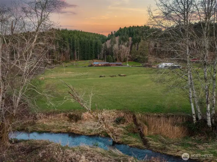 The property features a scenic mix of pasture areas and timberland, with a creek running through the property