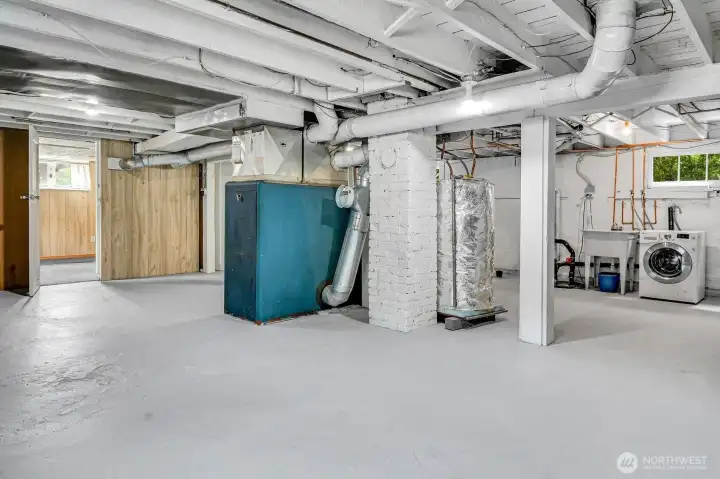 Mostly unfinished basement has great storage space