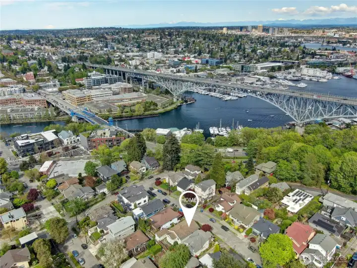 Aerial drone photo to the northeast towards the Fremont Bridge and Lake Union