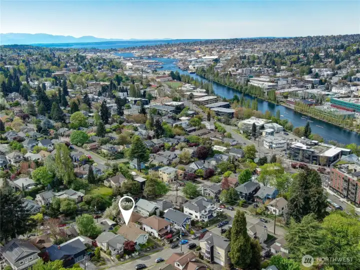 Aerial drone photo to the northwest towards Ballard along the ship canal