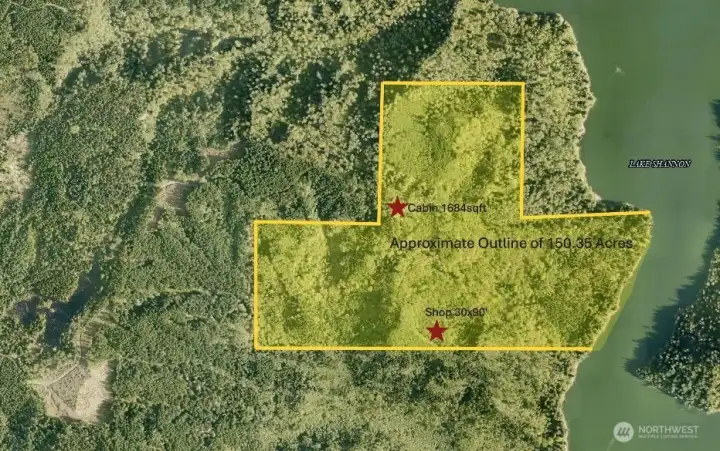 This is the approximate outline of the property. It shows the approximate location of the cabin and the shop.