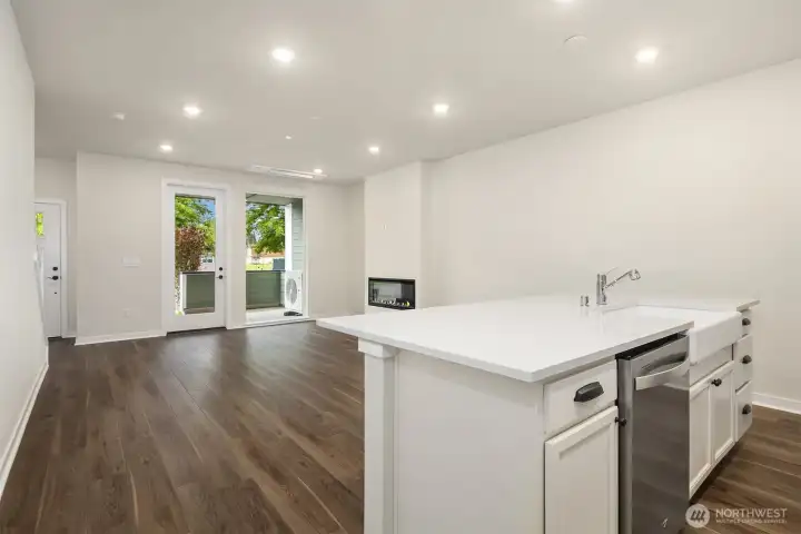 Gathering room and front porch from kitchen