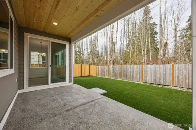 Covered patio looking out at backyard and protected space.