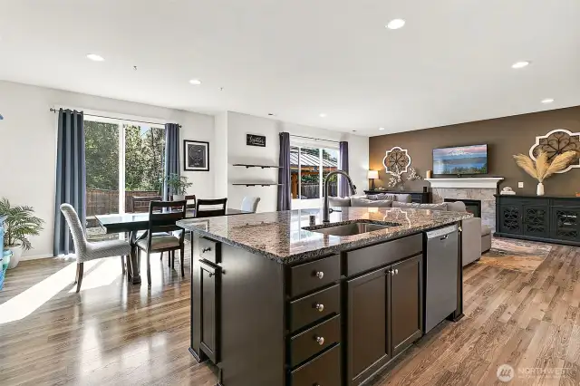 Kitchen, dining, and living room