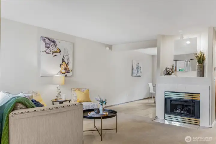 Relax and unwind in your open living area with gas fireplace.