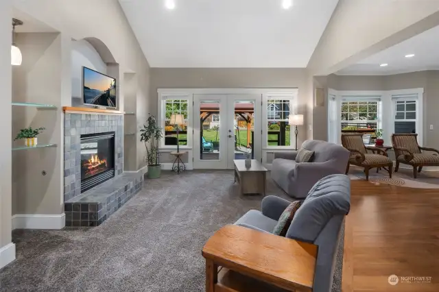 Living room with french doors and gas fireplace