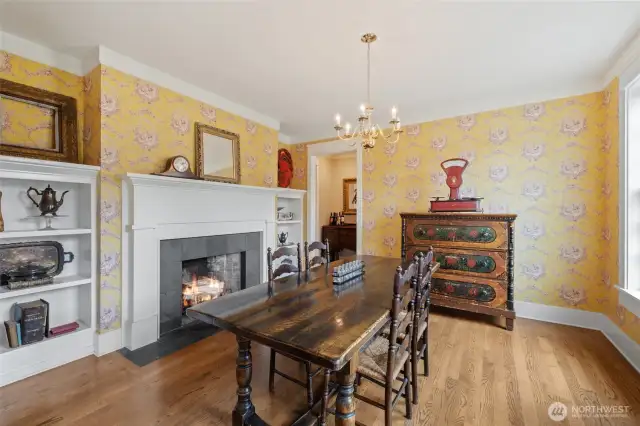 Wood burning fireplace in the formal dining area.