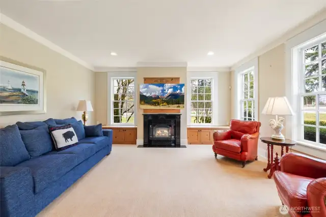 Gathering room with gas/propane fireplace.