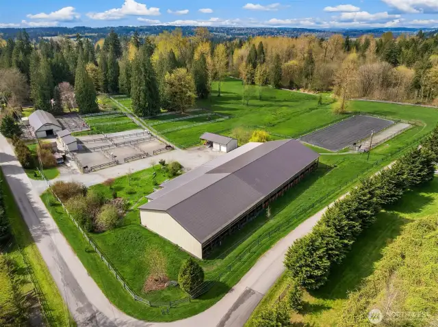Cedar Meadow Farm.  10 acre horse facility in stellar location. 2 tax lots, indoor and out door arenas. 26 stall capacity plus covered loafing sheds in paddocks areas.