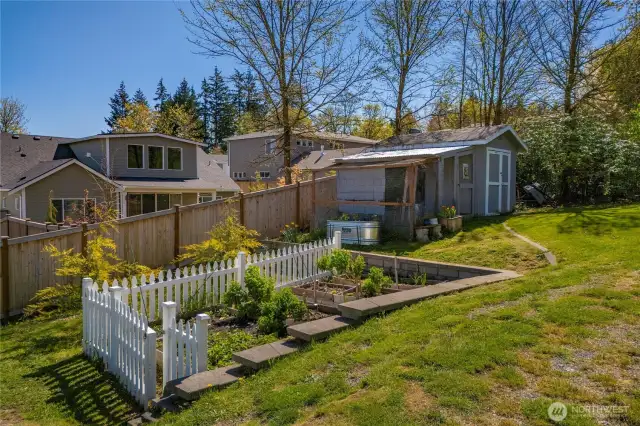 Chicken coop, veg. garden & shed