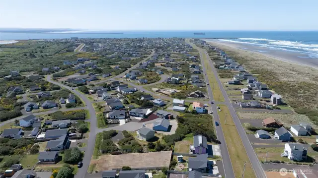 OVERHEAD OF THE HOME TOWARD THE CHEHALIS RIVER, JETTY AND THE CARGO SHIP!