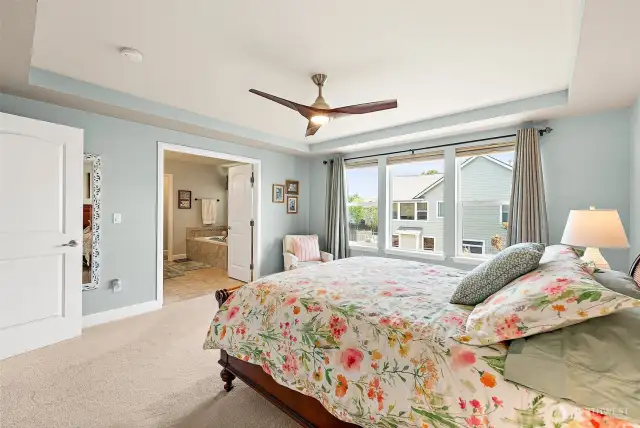 Coffered ceilings, fan, convenient window treatments