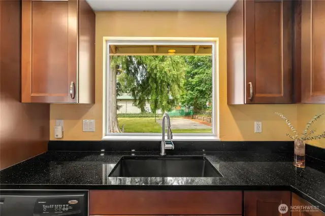 Sink overlooks amazing backyard