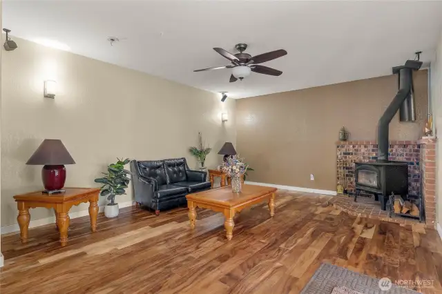 Family room with wood stove