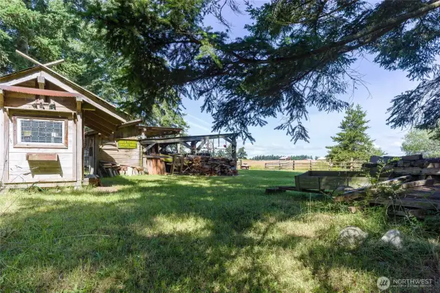 Rustic camp shower building.