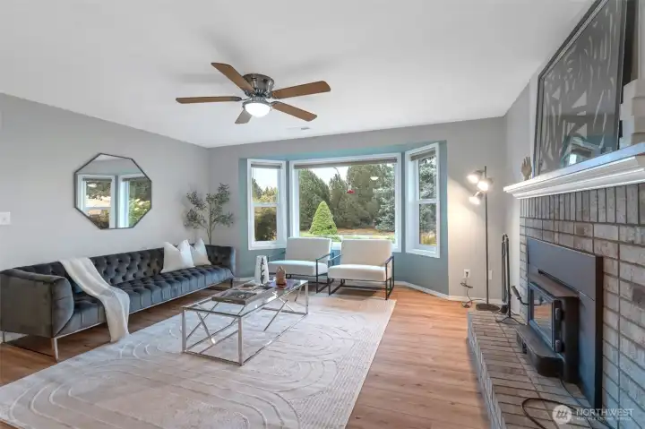 Large living room with wood stove