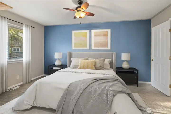 Virtually staged Primary Suite. Door on right leads to the hallway.