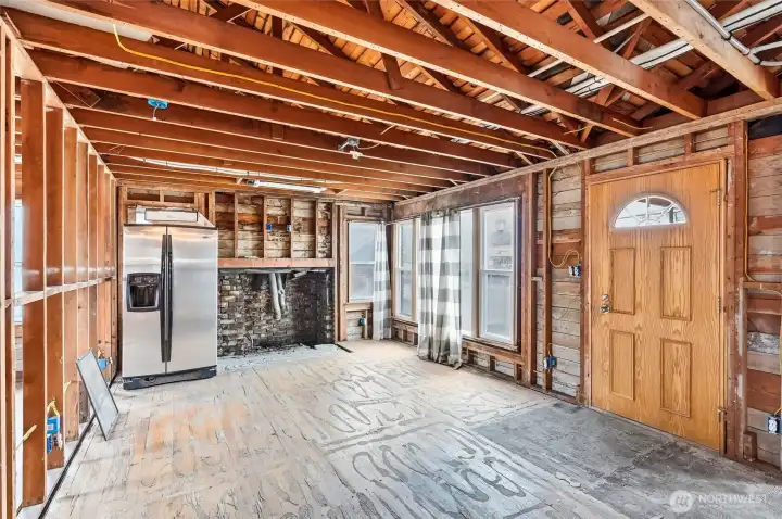 living room, fireplace, main entry