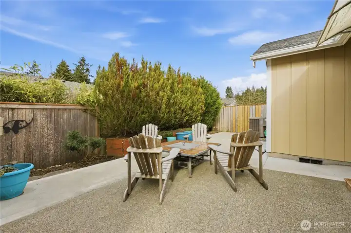 Low maintenance Patio off dining area.  Room for gardening, sitting by the fire, grilling and unwinding after a long day
