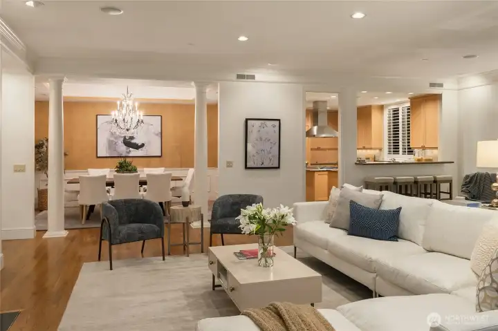 Viewed from the main living area, the dining space connects seamlessly to the rest of the home, creating an open and welcoming layout for everyday living and entertaining.