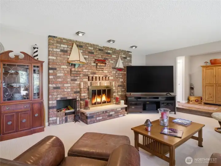 For some abiance this double fireplace shows off its front side in the living roonm!
