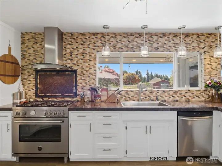 This is a chef's dream view with easy work space and tons of countertop and cabinets