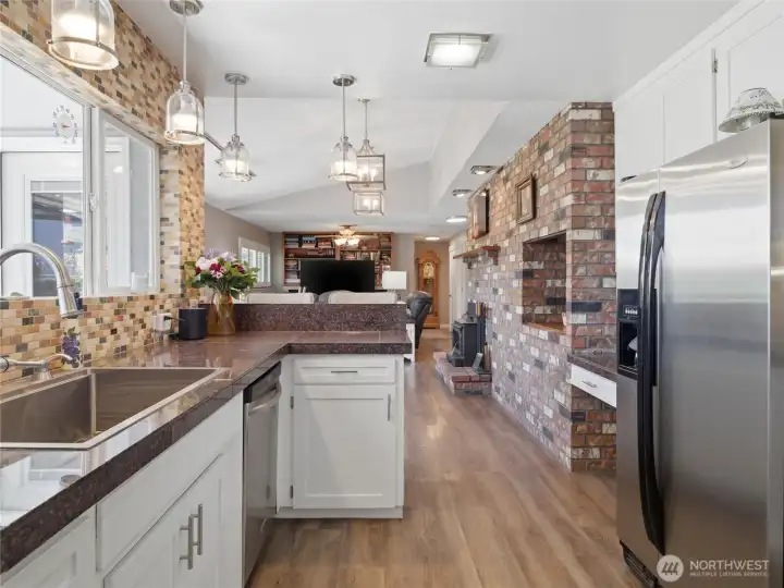 The kitchen opens into a great room