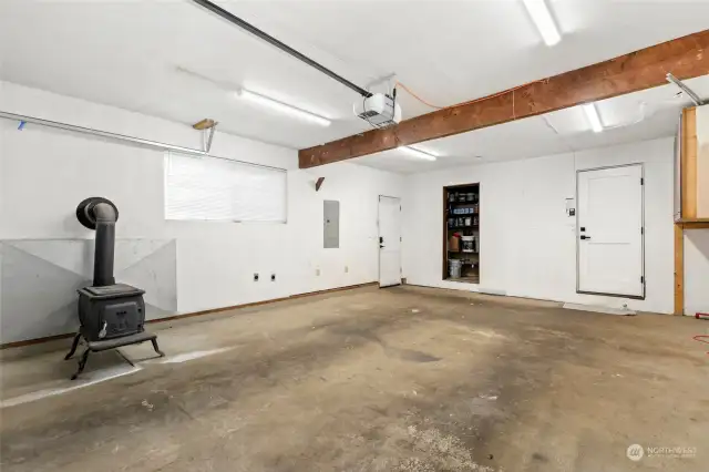 Wood burning stove in garage