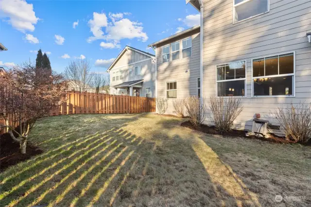 Fully Fenced, Sunny Backyard with Lawn, Hydrangeas, and Other Blooms.  Ready for play or garden.