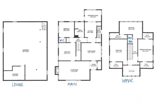 Floor Plan- (Lower Level) Unfinished Basement 1135 SF                  (Main Level)- Entry, Living Rm, Dining Rm, Kitchen, Kitchen Nook, Full Bathroom, 2 Bedrooms                  (Upper Level)- 3 Lg Bedrooms, Half Bathroom & Studio