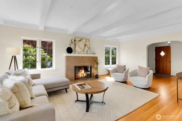 Grand, Beamed Ceiling & Lovely Marbled & Mantled Fireplace