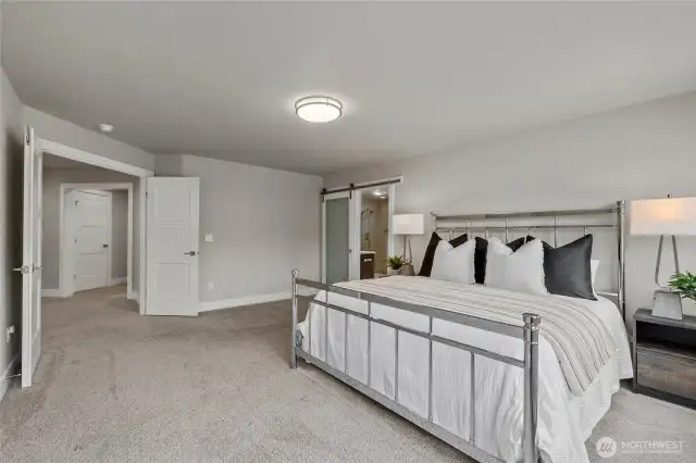 Grand primary suite with double door entry and barn door to bath. Large window in the primary suite fills the room with natural light.