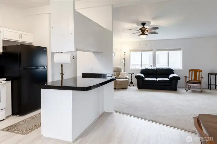 Open kitchen/dining/living room