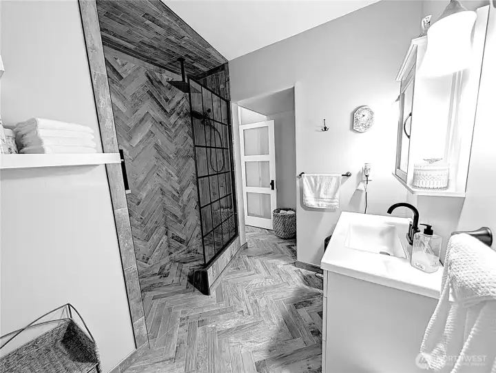 Main bath with custom tile walk-in rain shower