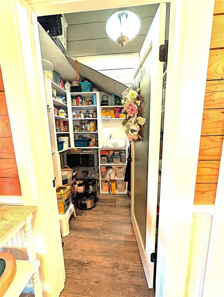 Under 2nd set of stairs pantry off kitchen