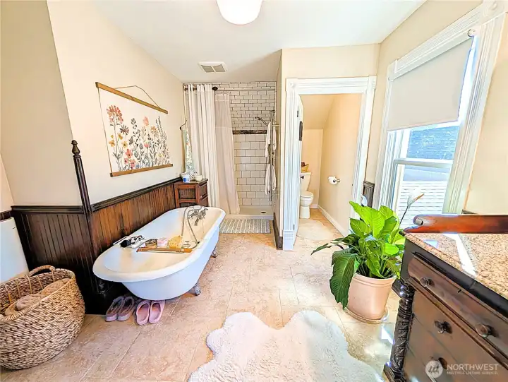 Clawfoot tub, shower & water closet