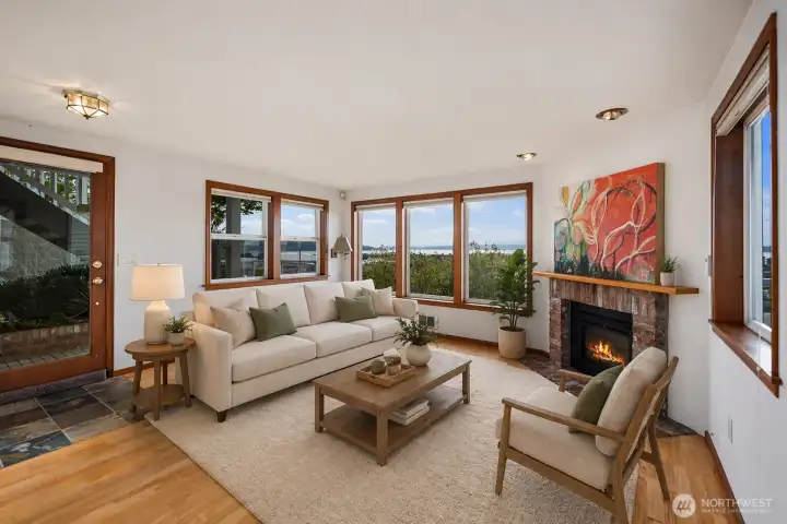 main living room with fireplace and views!