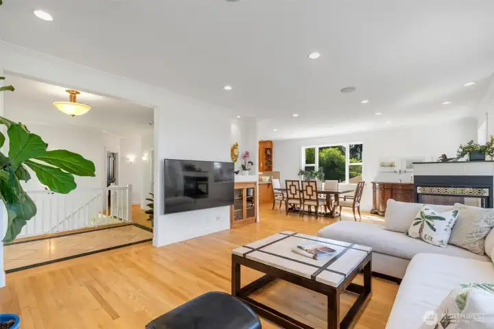 Great living room with plenty of space for everyone to gather and relax!  There's a spot here for TV but also media room on lower level or office on this level could be a den/ TV room.
