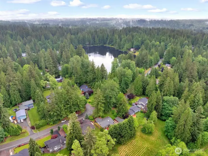 Aerial view looking towards the lake
