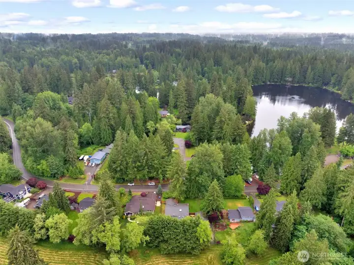 Drone photo above home towards lake