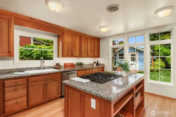 Gorgeously updated chef's kitchen framed by tall windows that keep the beauty of the backyard in view year-round