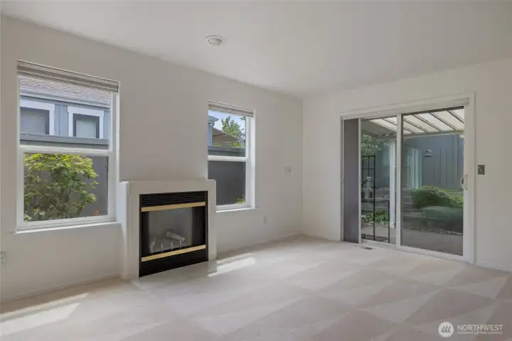 Living room leads to the landscaped patio area